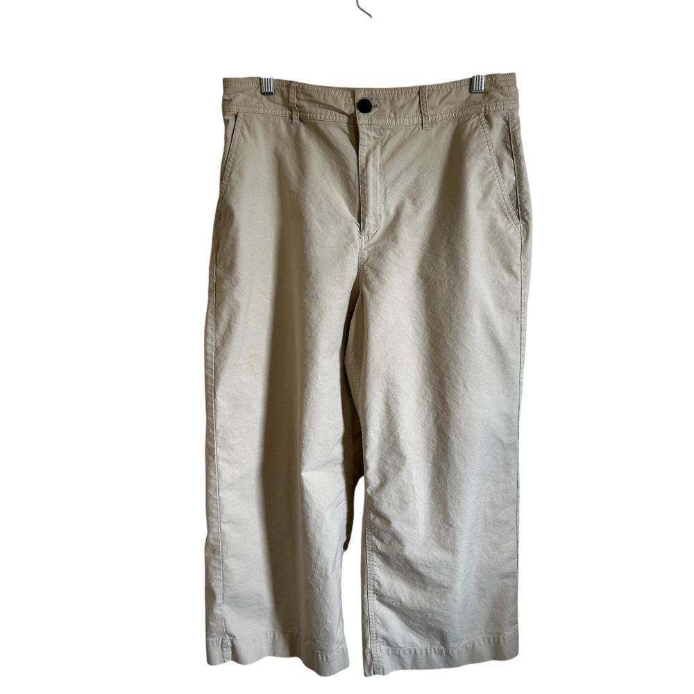 Mango Classic Khaki Wide-Leg Cropped Chino Pants Casual Cotton Trousers size 10